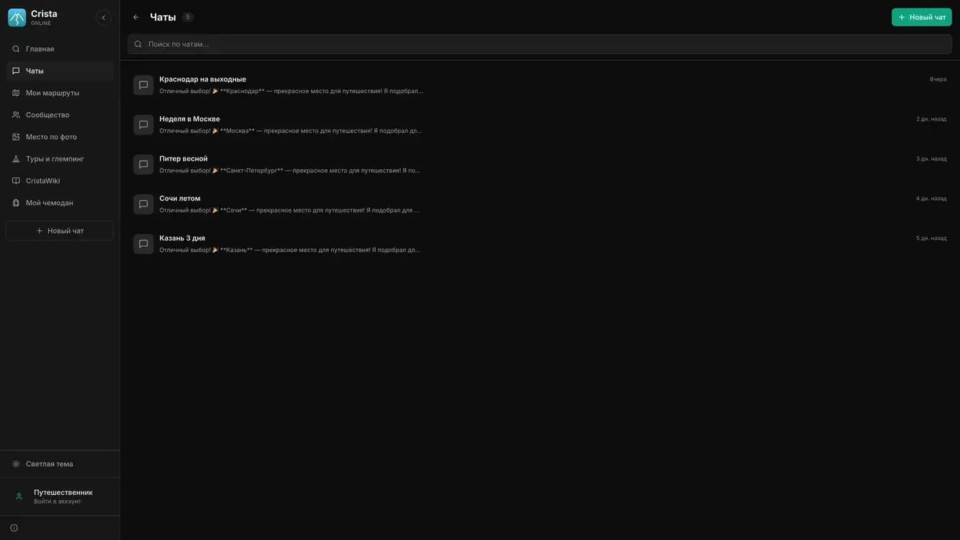 Lista de chats con IA e historial de viajes